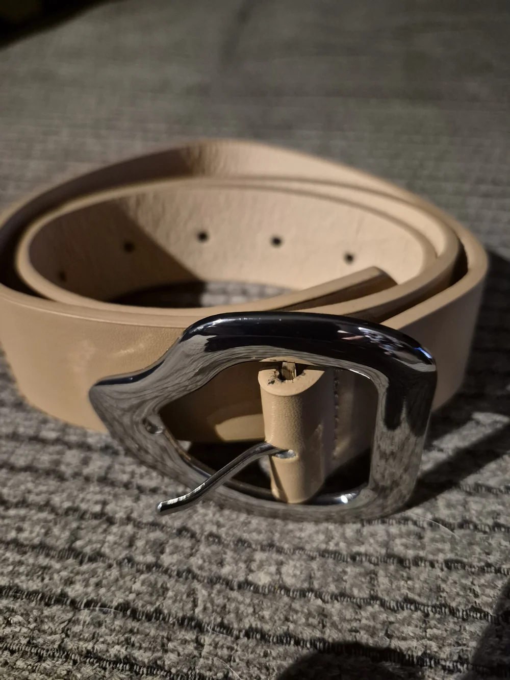 Cider Beige Leather Belt with Shiny Silver Sculpted Buckle
